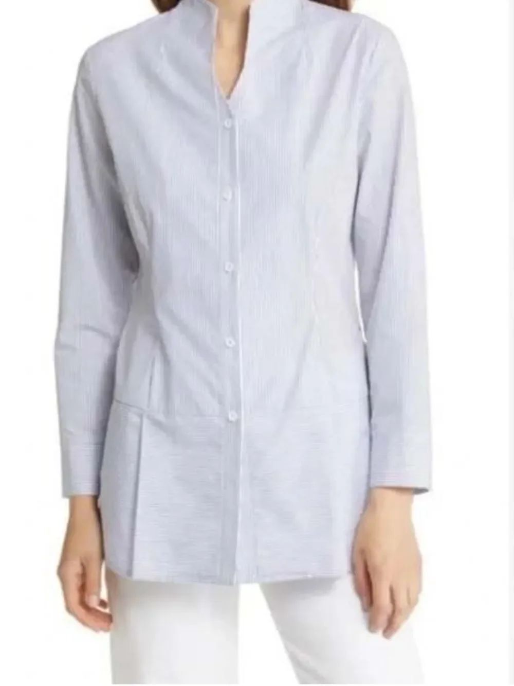 Ming Wang Pinstriped Peplum Tunic Top Blue White Womens Medium